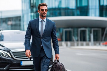 A well-dressed man in a suit and sunglasses walks with purpose near a sleek black car, showcasing professionalism in an urban setting during the day