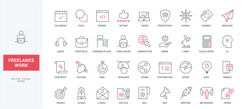 Remote work, freelance line icons set. Digital services and applications for freelancers job, data protection and creation, online workplace thin black and red outline symbols, vector illustration