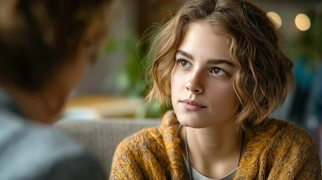 A hopeful image of a teenager talking to a school counselor in a warmly lit office, finally opening up about bullying, emotional connection, warm tones, soft background blur, under