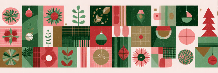 Geometric Christmas pattern with ornaments trees and floral elements vector illustration for holiday backgrounds and festive designs