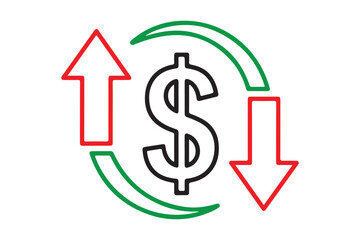 Dollar symbol with up and down arrows icon silhouette a white background