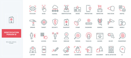 User identification, ID card and employee badge, biometric recognition line icons set. Scanning eye and fingerprint, face in scanner square thin black and red outline symbols vector illustration