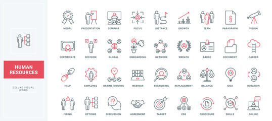 Human resources, employment line icon set. Search and recruit of manager, candidate selection options and skills training, HR vision and strategy thin black and red outline symbols vector illustration