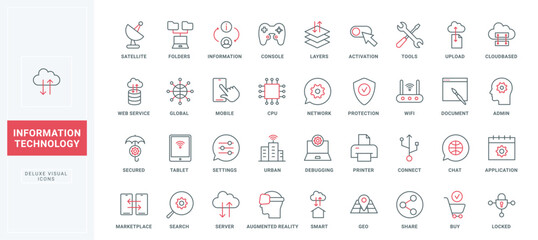 Data technology thin black and red line icons set vector illustration. Outline digital network protection and cloud connection pictograms, internet hosting service, server access and settings
