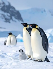 Fototapeta premium Emperor penguins on snowy Antarctic landscape