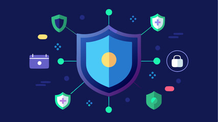 An abstract representation of a glowing shield surrounded by floating icons representing various cybersecurity tools and software.