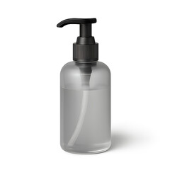 Clear Plastic Pump Bottle Filled with Clear Liquid on a Gray Background dispenser isolated on a transparent background