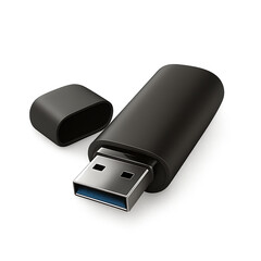 Black USB Flash Drive with Cap Removed Showing Blue Connector on a Gray Background isolated on a transparent background
