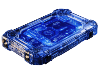 Futuristic, glowing blue data device with intricate internal structure
