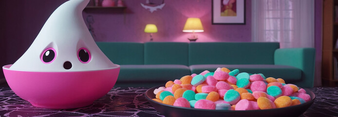 Fantasma stilizzato conico, carino e sorpreso, in una ciotola rosa, accanto a una ciotola di caramelle gommose color pastello, in un salotto viola e turchese.