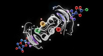 Abstract gummy bear dissolved in transparent liquid with atomic structure in the background. Concept of chemistry food science and molecular gastronomy.