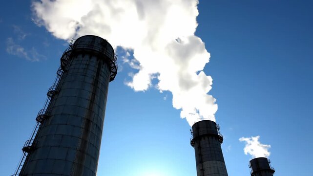 Industrial smokestacks emitting thick white smoke into a clear blue sky, symbolizing pollution and industry vector illustration