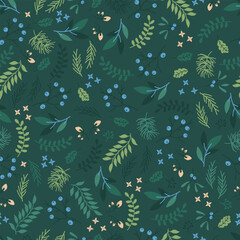 Seamless winter pattern with green leaves, pine branches, berries, and natural textures in deep forest tones. Great for wrapping paper, textile prints, and holiday backgrounds.