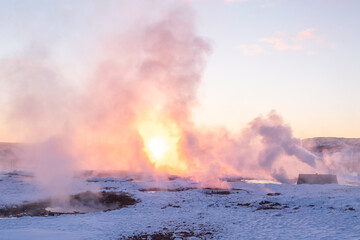 Geysir, Iceland, Winter Sunset Steam