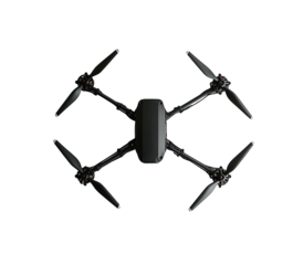 Top-down view of a sleek, dark-colored quadcopter against a black background