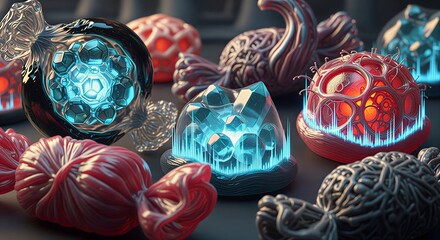 Abstract geometric glowing objects and organic forms with data visualization lines, representing technological evolution and biomimicry concept.