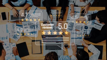 A diverse business team collaborates in a modern office, analyzing customer reviews and performance...