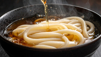 熱々の出汁が白いうどんを包み込み湯気が立つやさしい香り漂う食欲そそる瞬間