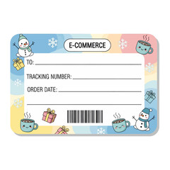 Cute winter-themed e-commerce shipping label with snowmen, gifts, and hot cocoa mugs.