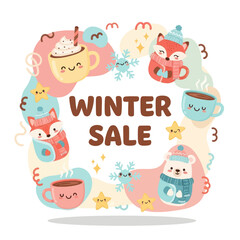 Winter sale advertisement with cute animals and hot drinks.