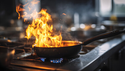 Pan on stovetop with flames. Cooking process, gas stove, culinary arts. Potential for kitchen accidents, heat, danger. Fire, smoke, burn creating dynamic action in home or restaurant.