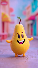 3D cartoon of pear character with a happy expression, standing on a street with a colourful, blurred background Symbolizing Healthy Lifestyle and Organic Concept. Copy space, aspect ratio 9:16