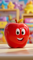 Smiling 3D Red Apple Cartoon with Expressive Eyes on a Colourful Blurred Background. Cute Fruit Character Representing Healthy Lifestyle and Organic Concept, Vertical 9:16 Composition with Copy Space