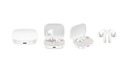 Closeup of white bluetooth earplugs with cases isolated on white background. 