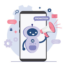 Online chat bot support Job search recruitment Marketing automation concept Robot shouting out a message with bullhorn