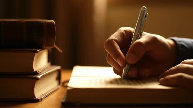 A closeup shot of a persons hands writing in an open notebook with a pen, next to a stack of old books, suggesting study, learning, or journaling vector illustration