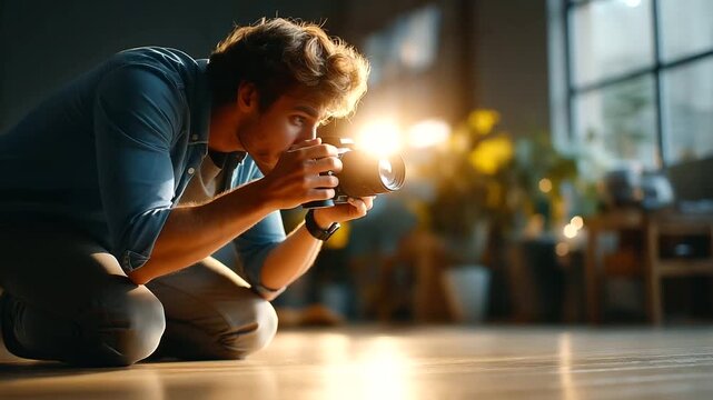 Photographer setting up camera to shoot product for advertisement, under soft studio light, highlighting focused effort and professional equipment, serene studio scene, calm setup
