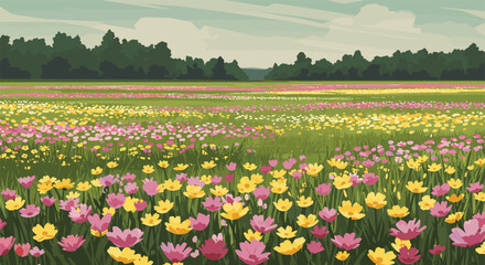 Vibrant floral meadow with colorful wildflowers under a clear sky