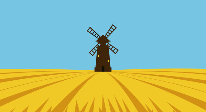 Minimalistic windmill on sunny wheat field with clear blue sky