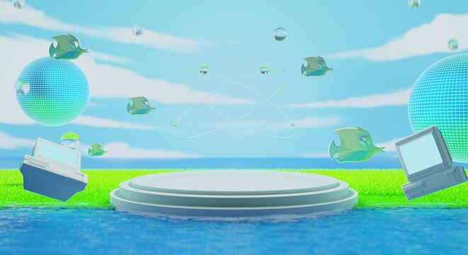 retro-future y2k 2000s frutiger aero aqua web 2.0 gloss with stage podium for product display showcase, 3d illustration rendering abstract background, technology and nature environment concept
