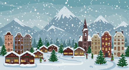 Fototapeta premium Charming winter village scene with snowy mountains and festive market stalls