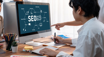 SEO search engine optimization for brisk e-commerce and online retail business showing on computer...