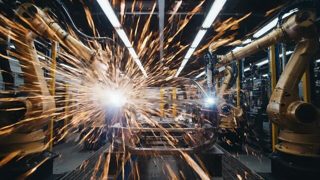 Robotic arms welding a car chassis in a modern factory, with sparks flying and bright lights illuminating the scene vector illustration
