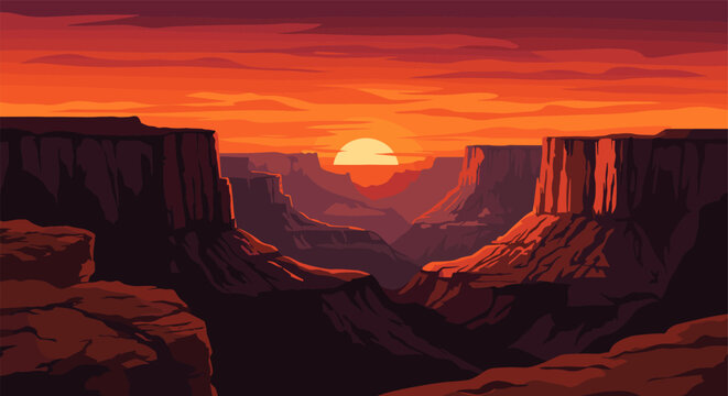 Breathtaking canyon sunset with vibrant red and orange skies - Powered by Adobe