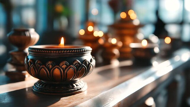 Buddhist background for poster use, under gentle natural light, highlighting serene temple elements and spiritual calm, serene cultural scene, calm meditative lighting, with copy s