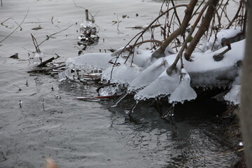 delicate ice formations clinging  at the water's edge