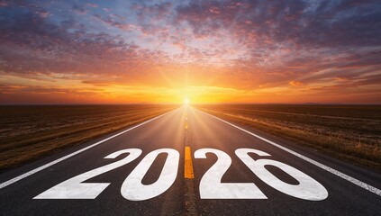 New Year 2026 Written on the Road at Sunset – A Symbol of Planning and Challenge Ahead
