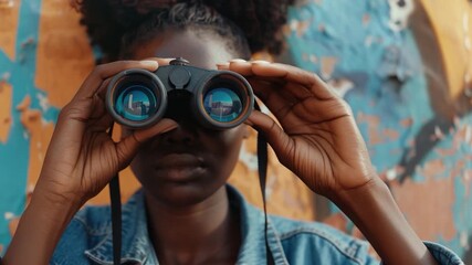 A woman examining her surroundings with binoculars, suitable for nature or outdoor-themed projects
