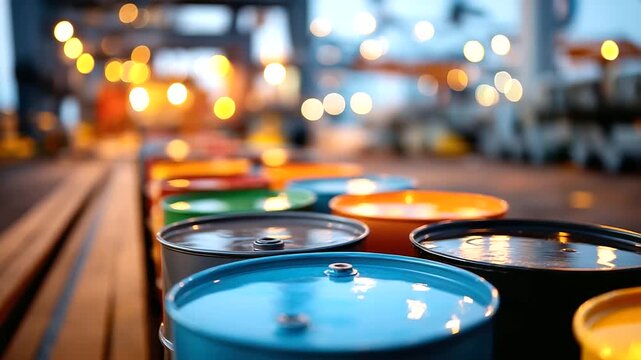 Professional industrial concept of oil barrels arranged neatly in cargo dock, under soft industrial light, highlighting organized resources and modern design, serene industrial sce