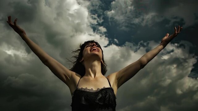 A woman with her arms outstretched in the air, possibly expressing joy or freedom