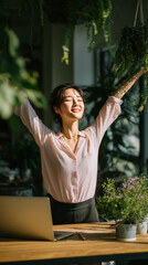 Businesswoman stretching happily at desk in sunlit office filled with plants