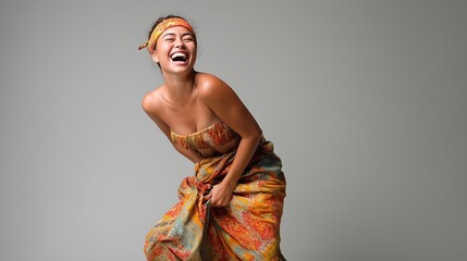 Joyful woman laughing freely in vibrant tropical attire