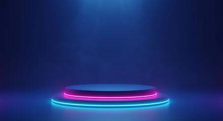 Blue and pink neon lit circular stage with dark background