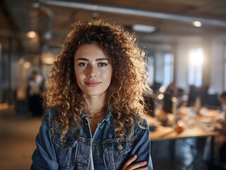Confident young woman with curly hair smiles in a modern office setting