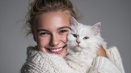 Joyful woman embracing fluffy white cat, radiating warmth and happiness together