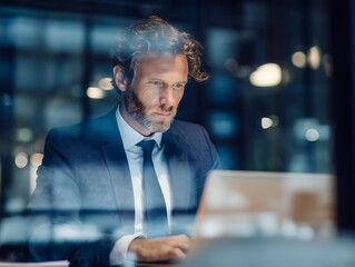 Focused businessman working late on laptop in modern office, career success